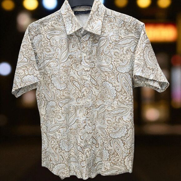 Vintage Positano Button Up Shirt Mens Large Blue Tan Paisley All Over Print USA - Picture 1 of 8